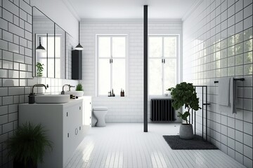 A sleek and contemporary bathroom with white tiles and minimal fixtures. Generative AI