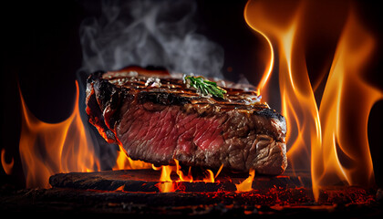 Rindersteak mit Flammen im 16:9 Format. Generative Ai.
