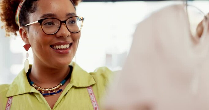 Fashion, retail and woman shopping at a clothing boutique in the city while on holiday or adventure. Happy, smile and female from Brazil choosing an outfit in a clothes shop in town while on vacation
