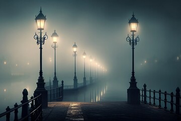 row of street lamps at a promenade next to a river