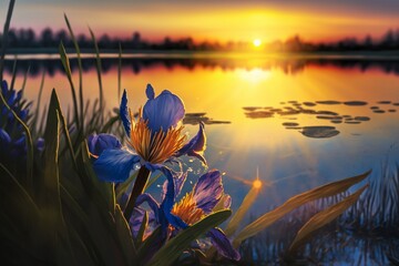 "Lakefront Luminance: Blue Iris in the Sunset Glow." Generative AI