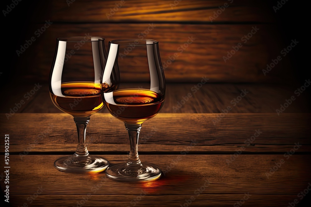 Poster Images of two sherry glasses on a brown wooden background with copyspace. Generative AI