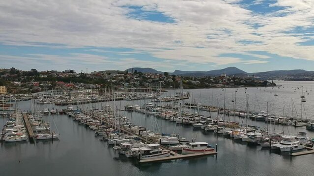 Aerial Of Yachts In Harbour Beside Wrest Point Casino In Hobart Tasmania