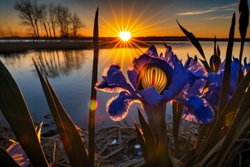 "Nature's Brushstrokes: Blue Iris Beauty at Sunset by the Lake" Generative AI