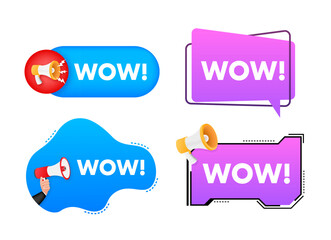 Megaphone label set with text Wow. Megaphone in hand promotion banner. Marketing and advertising