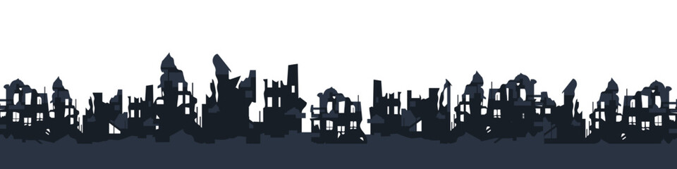 War destroyed the buildings of the city. Horizontal ruins illustration. Vector EPS 10 - obrazy, fototapety, plakaty
