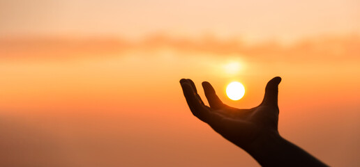 Silhouette of woman hand praying spirituality and religion, banner and copy space of female worship...