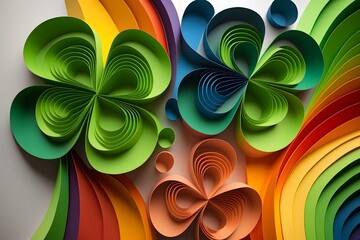 Flowing twisting rainbow of shamrocks made of playful paper art to highlight diversity for St.Patrick's Day. Generative AI.