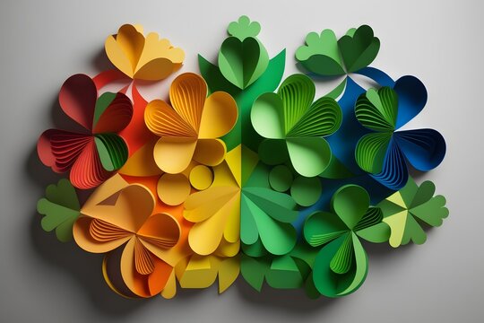 Rainbow shamrocks in a beautiful pattern, made of playful paper art to highlight diversity for St.Patrick's Day. Generative AI. - Powered by Adobe