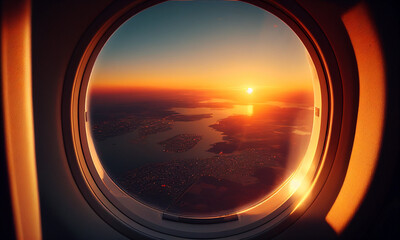 Beautiful scenic city view of sunset through the aircraft window. Generative AI.