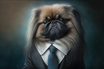 Portrait of a Pekingese dog in a business suit