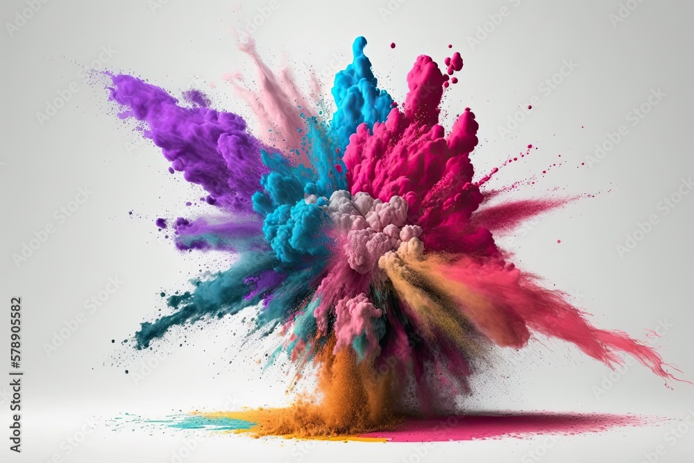 Poster Colored powders explode in slow motion against a white background. Generative AI