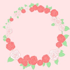 A bright and pretty circular border frame illustration with simple, pastel-colored roses and white roses, leaves and petals