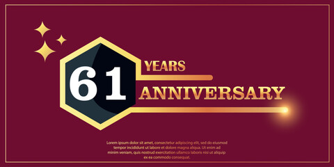 61th anniversary gold color logotype style with hexagon shape with white color number font on red background vector illustration