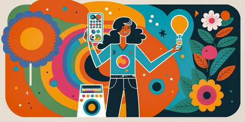 An illustration of a person holding a bouquet of colorful flowers, surrounded by other '70s-inspired objects like a lava lamp, cassette tape, and peace sign. Generative AI.