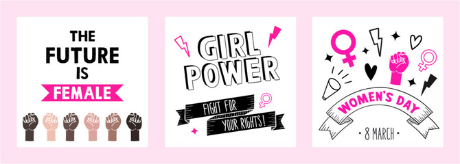 March 8, women, international women's day, girl power. Set of vector illustrations. Flat design. Typography. Template for social media and banners