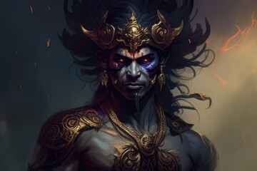 The saga of Indra the king of the gods who was tricked and defeated by the Asura king Vritra. AI generation.