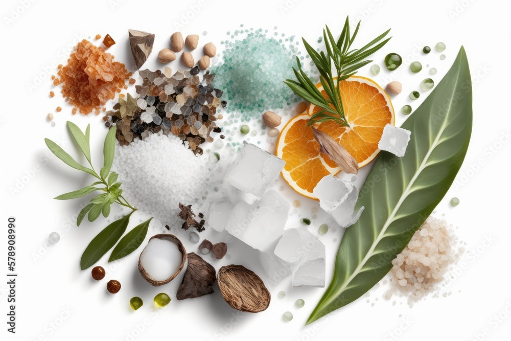 Poster Closeup of a composition of various salts and herbs on a white background. Generative AI