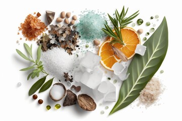 Closeup of a composition of various salts and herbs on a white background. Generative AI
