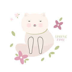 Spring Time Cute Cat. Design for Web, Mobile, Card, Sticker, T-Shirt, Textile Shopper Bag and Other Garment.