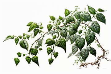 Clipped to a white background, this image features a tangled jungle vine, a popular climbing plant. The Tiliacora triandra vine, a medicinal plant endemic to Southeast Asia, with green leaves