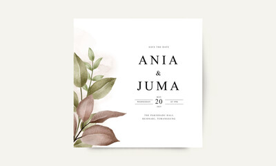 Minimalist wedding card with watercolor leaves
