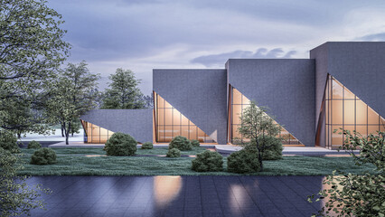 Fototapeta na wymiar Architecture 3d rendering illustration of minimal house with a enormous lawn and a huge window