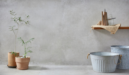 retro style, Basket, olive tree, earthen pot, stool and various objects on vintage gray concrete background