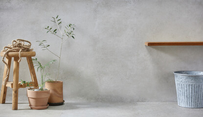 retro style, Basket, olive tree, earthen pot, stool and various objects on vintage gray concrete...