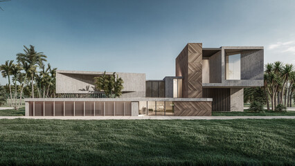 Fototapeta na wymiar Architecture 3d rendering illustration of modern minimal house with natural landscape 