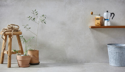 retro style, Basket, olive tree, earthen pot, stool and various objects on vintage gray concrete background
