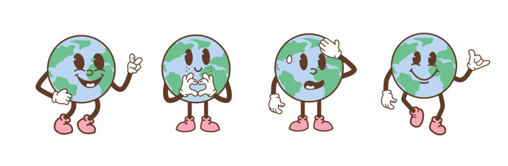 Set of earth characters in trendy retro cartoon style. Funny comic globe with smiling face. Vintage planet mascot with arms and legs. Environmental eco green life print concept. Vector illustration.
