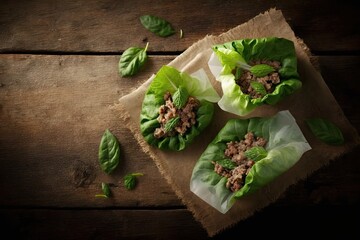Obraz na płótnie Canvas Lettuce wrappers filled with minced pork, a popular Asian appetizer, on a wooden table. Horizontal top down lay. Generative AI