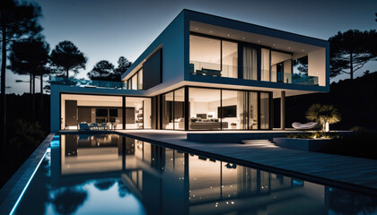 Obraz premium Modern Mediterranean style house design with terrace and swimming pool at night. Generative AI