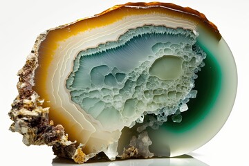 Raw translucent natural chalcedony stone specimen photographed up close and set on a white background. The surface of a mineral or stone exhibits natural patterns and textures. Generative AI