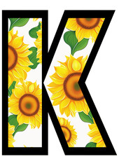 Sunflower Floral Alphabet, Letter K With Yellow Sunflower Pattern