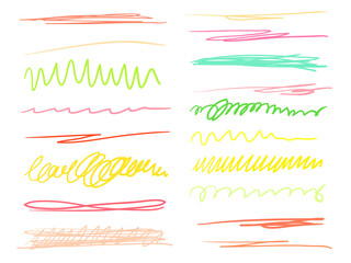 Hand drawn colorful underlines on white. Stroke chaotic patterns. Colored illustration. Sketchy elements for posters and flyers