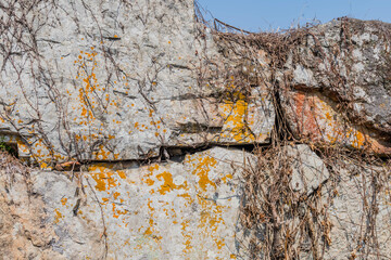 Ruins of exterior wall of stone fortress in Yeosu, South Korea.