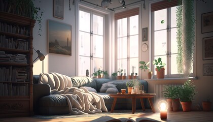 sunny cozy room with large windows and a large corner sofa, lots of plants, AI