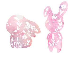 Vector set of cute watercolor decorated rabbits. Collection with cartoon pink hares with floral pattern and dye splashes. Folk art bunnies