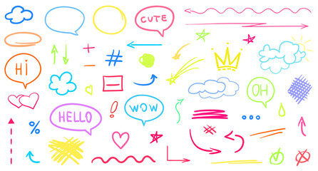 Hand drawn infographic elements on white background. Сolored signs. Abstract arrows. Line art. Set of different shapes. Colorful illustration. Sketchy doodles for artwork