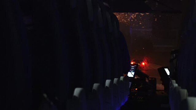 Stockholm, Sweden A night ride in a public bus on the E4 highway in a snowstorm.