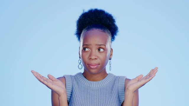 Black woman, confused and hands out isolated with questions and asking why on blue background with mockup. Confusion, doubt and person from South Africa with problem hand gesture in studio portrait.