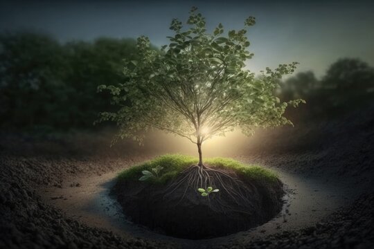 A new tree sprouting in the garden at dawn. environmental awareness day. Generative AI