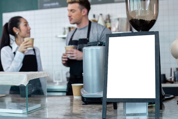 close up white space on board, mockup empty for text ads or price on counter at cafe Have employees...