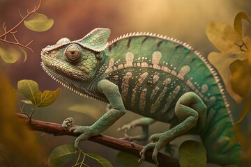Obraz premium Chamaeleo calyptratus, or the green chameleon, is an endangered species. Generative AI