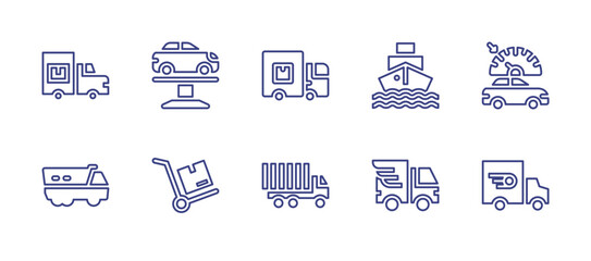 Transportation line icon set. Editable stroke. Vector illustration. Containing transport, car, delivery truck, boat, cruise control, truck, transport cart, transportation, delivery.