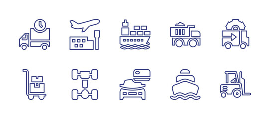 Transportation line icon set. Editable stroke. Vector illustration. Containing delivery truck, airport, cargo ship, truck, trolley, chassis, car, harbor, forklift.