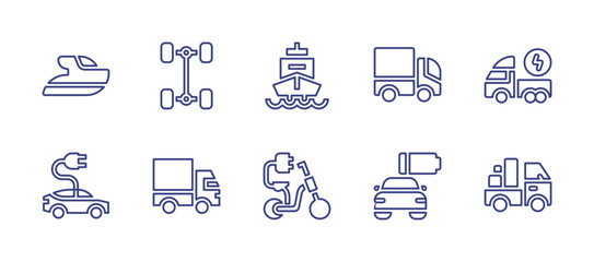 Transportation line icon set. Editable stroke. Vector illustration. Containing yacht, chassis, boat, truck, electric car, lorry, electric bike, low battery.