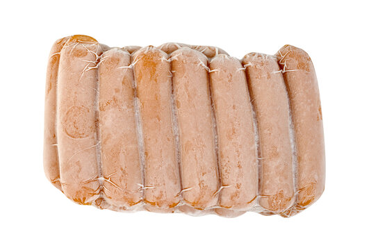closeup frozen sausage in plastic bag with ice crystals isolated on white background